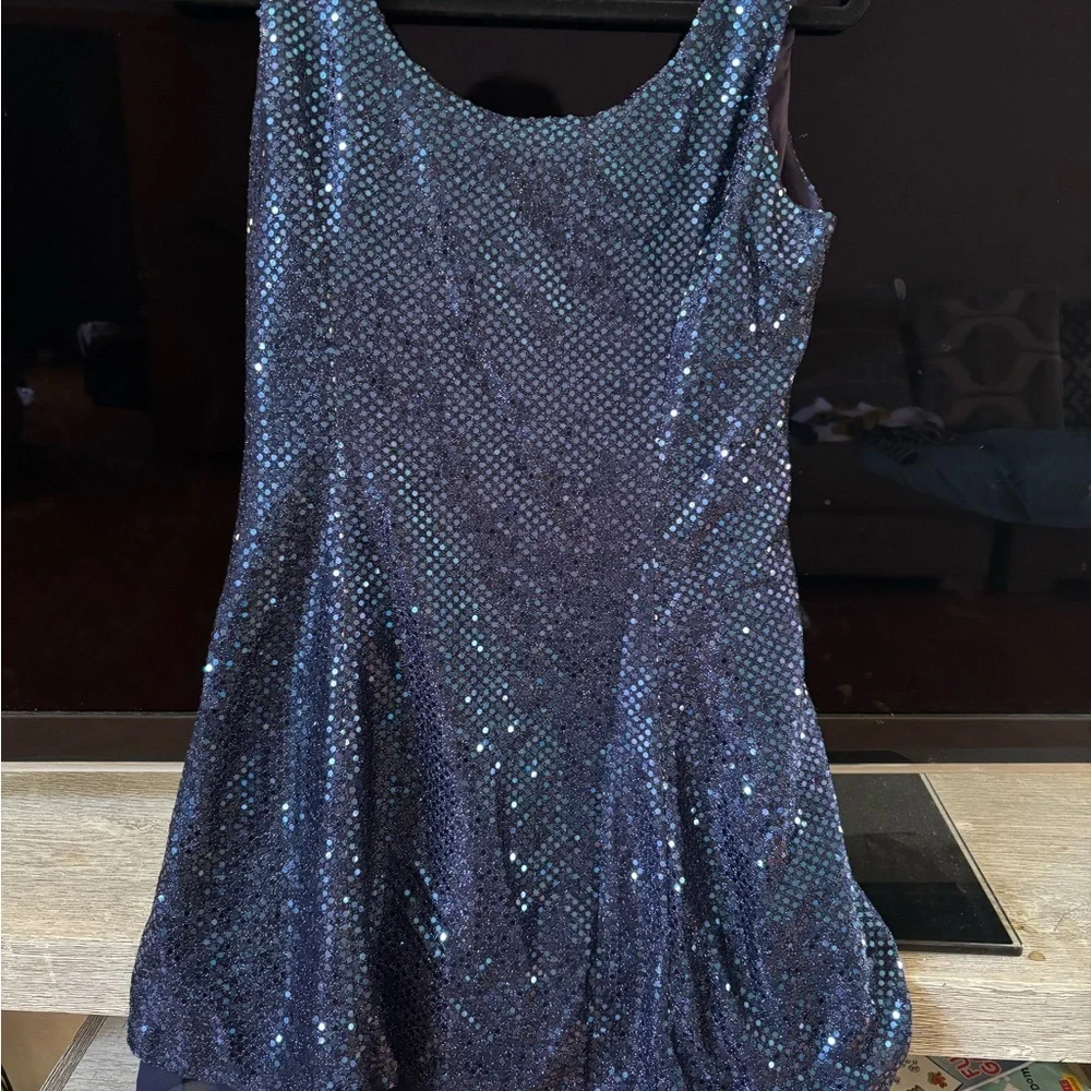 579 Navy Sequin A-Line Party Dress with Chiffon Layer